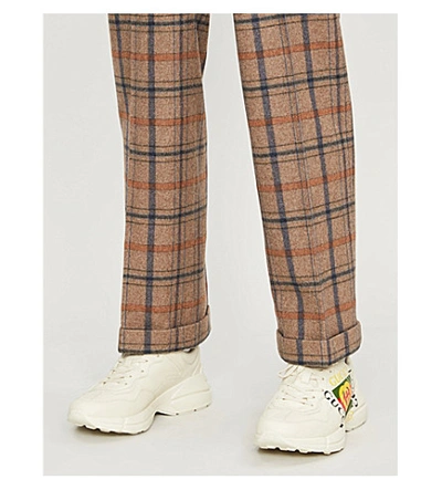 Shop Gucci Checked Wide-leg Wool-blend Trousers In Umber Blue