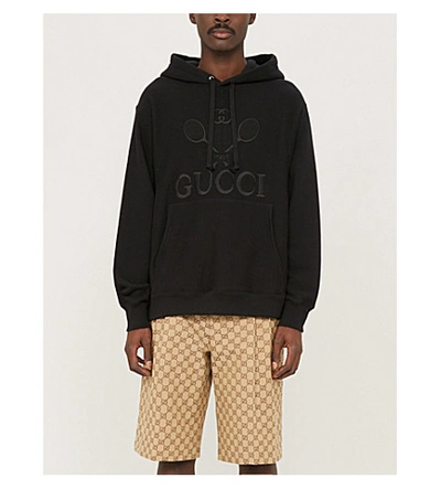 Shop Gucci Logo-embroidered Cotton-jersey Hoody In Black