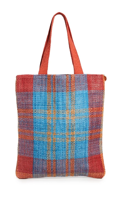 Shop Clare V Woven Leather Carryall Bag In Poppy/turquoise Plaid