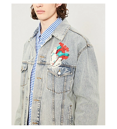 Shop Gucci Oversized Faded Denim Jacket In Blue+multi