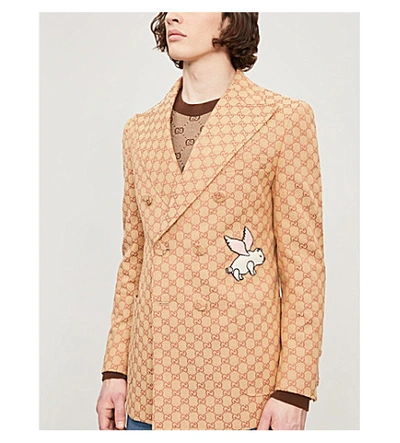 Shop Gucci Logo-jacquard Regular-fit Cotton-blend Blazer In Beige Ruggine