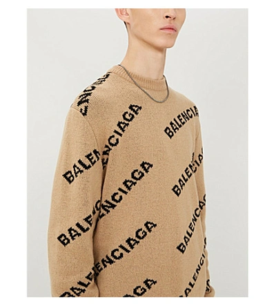 Shop Balenciaga Logo-intarsia Wool-blend Jumper In Beige Black