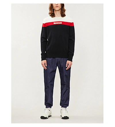 Shop Moncler Logo-patched Striped Wool Jumper In Navy