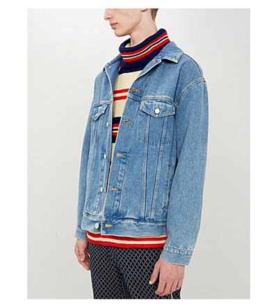 Shop Gucci Band-embroidered Denim Jacket In Blue Multi