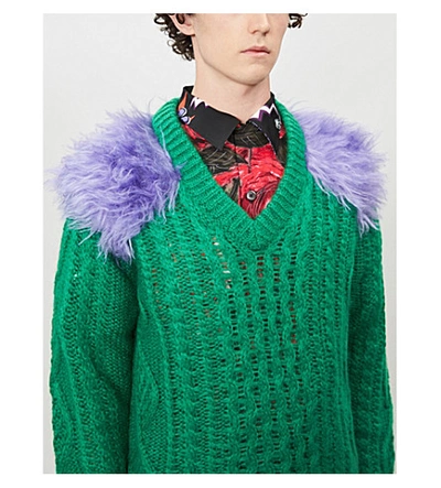 Shop Prada V-neck Faux Fur-panelled Mohair-blend Jumper In Green Lilac