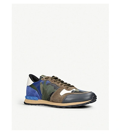 Shop Valentino Camouflage Leather And Suede Trainers In Blue Other