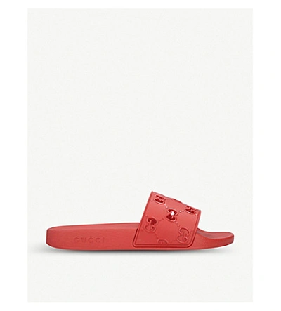 Shop Gucci Pursuit Gg Cutout Rubber Sliders In Red