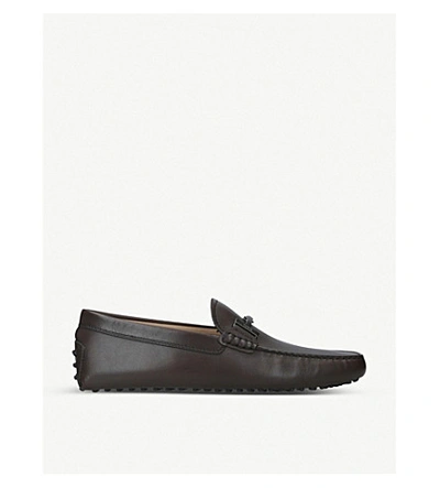 Shop Tod's Double T Leather Driving Shoes In Dark Brown