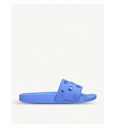 Shop Gucci Pursuit Gg Cutout Rubber Sliders In Blue