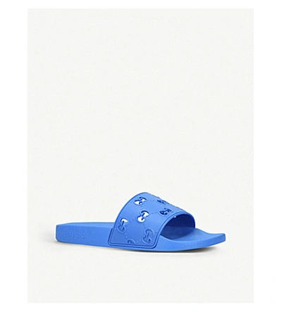 Shop Gucci Pursuit Gg Cutout Rubber Sliders In Blue