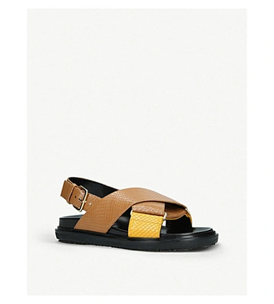 Shop Marni Fussbett Cross Strap Leather Sandals In Tan Comb