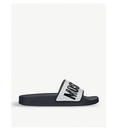 Shop Moschino Glitter Logo Rubber Sliders In Silver