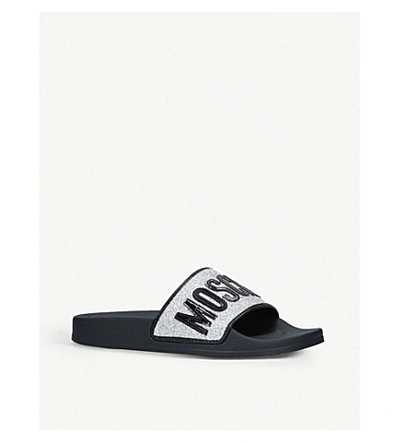 Shop Moschino Glitter Logo Rubber Sliders In Silver