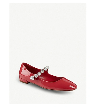 Shop Miu Miu Patent-leather Crystal-embellished Mary Jane Ballerina Flats In Fragola