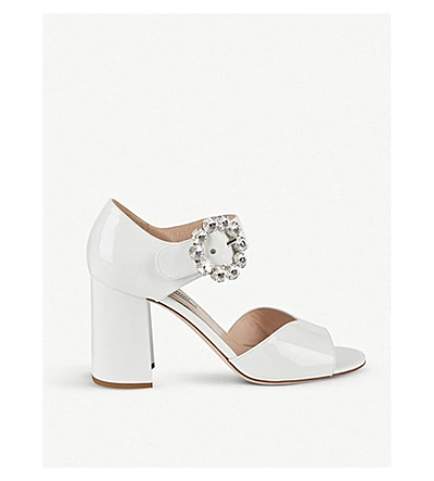 Shop Miu Miu Crystal-embellished Patent Leather Sandals In Bianco