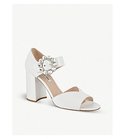 Shop Miu Miu Crystal-embellished Patent Leather Sandals In Bianco