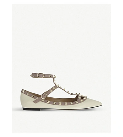 Shop Valentino Rockstud Leather Ballet Shoes In Bone