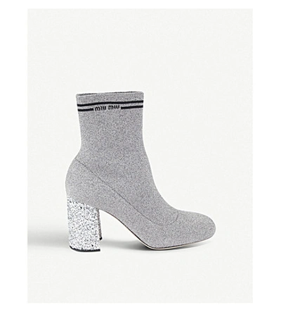 Shop Miu Miu Glitter-heel Logo-detail Ankle Boots In Cromo Nero