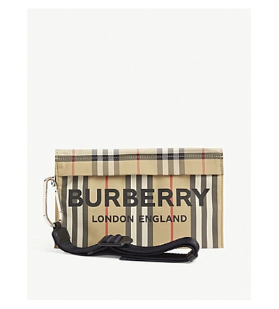 Shop Burberry Check Print Nylon Pouch Bag In Archieve Beige