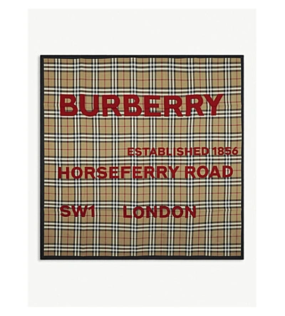 Shop Burberry Horseferry Print Check Silk Scarf In Archive+beige
