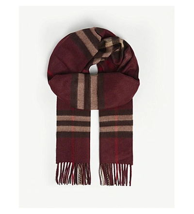 Shop Burberry Womens Burgundy Giant Check Cashmere Scarf In Red