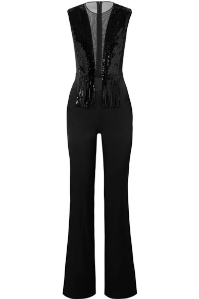 Shop Galvan Lena Tulle-trimmed Sequined Crepe Jumpsuit In Black