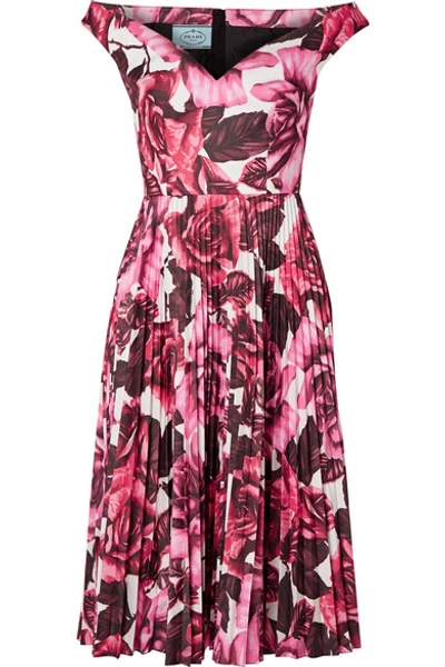 Shop Prada Off-the-shoulder Pleated Floral-print Cotton-poplin Dress In Pink