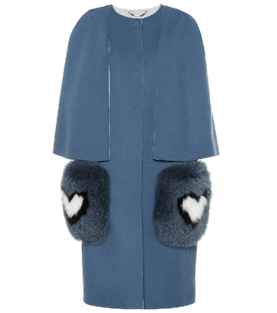 Shop Fendi Caped Wool Coat In Blue