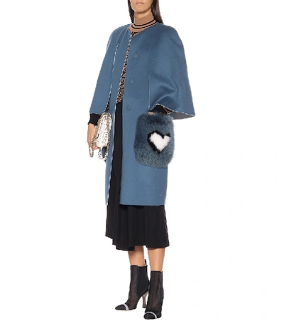 Shop Fendi Caped Wool Coat In Blue