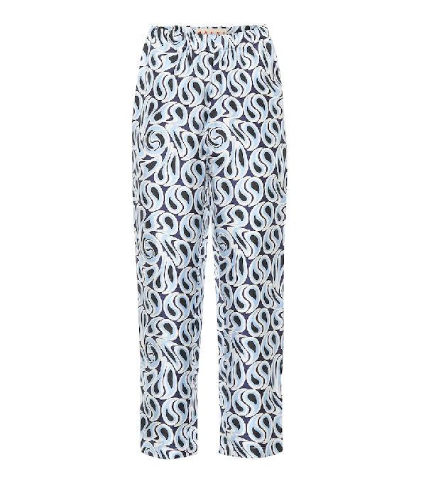 Marni Printed Silk-twill Tapered Pants In Blue | ModeSens