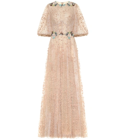 Shop Costarellos Embellished Tulle Gown In Beige