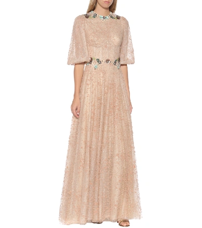 Shop Costarellos Embellished Tulle Gown In Beige