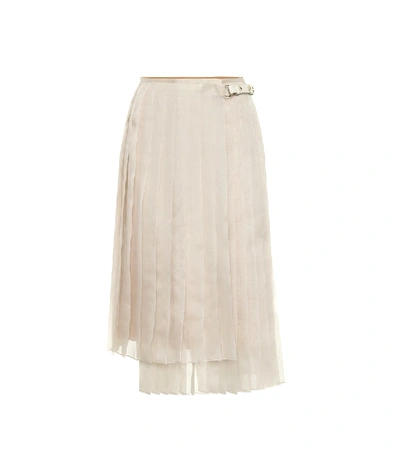 Shop Fendi Pleated Silk Midi Skirt In Beige