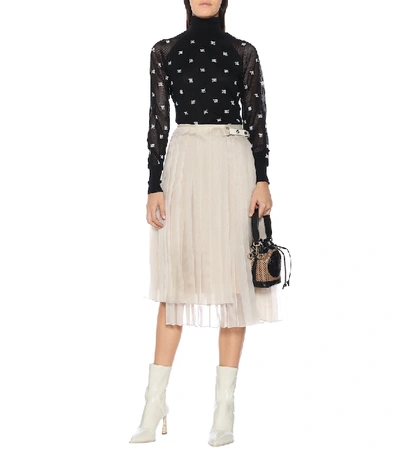 Shop Fendi Pleated Silk Midi Skirt In Beige