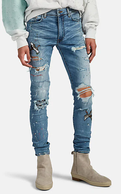 Amiri Art Patch Distressed Slim Jeans In Lt. Blue | ModeSens