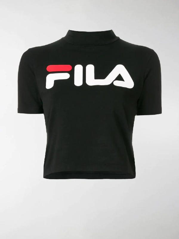 Fila Logo Print Cropped T-shirt In 002 Black | ModeSens