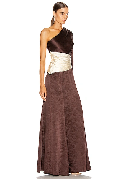 Shop Rebecca De Ravenel One Shoulder Gown In Chocolate & Ivory