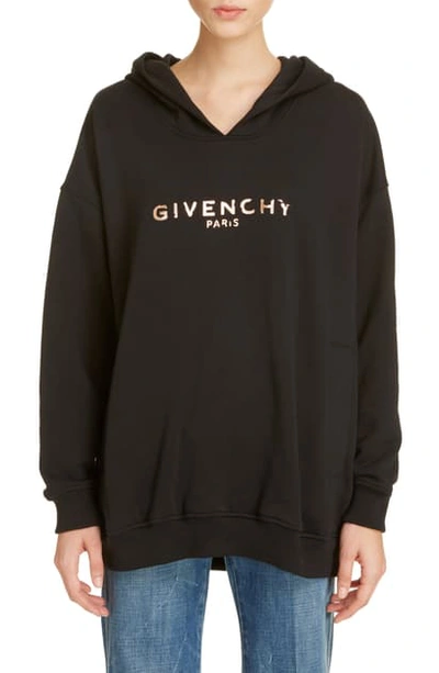 Shop Givenchy Chipped Rose Gold Logo Hoodie In Black