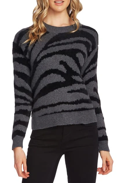 Shop Vince Camuto Fuzzy Zebra Stripe Cotton Blend Sweater In Rich Black