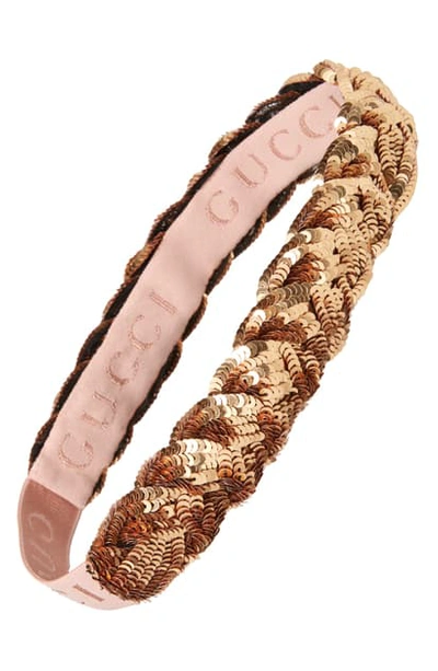 Shop Gucci Sequin Embellished Braided Headband In Gold