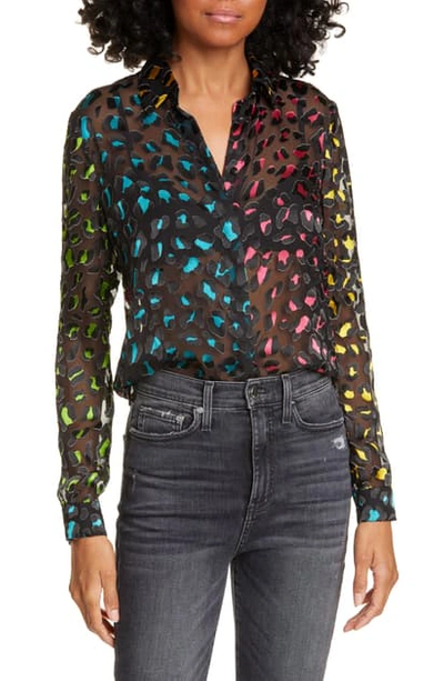 Shop Alice And Olivia Willa Abstract Leopard Print Burnout Silk Blend Blouse In Abstract Leopard Teal/ Combo