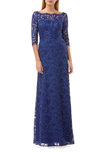 Shop Js Collections Bateau Neck Lace Gown In Ultramarine