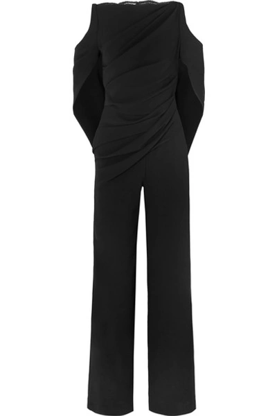 Shop Talbot Runhof Pigalle Lace-paneled Draped Crepe Jumpsuit In Black
