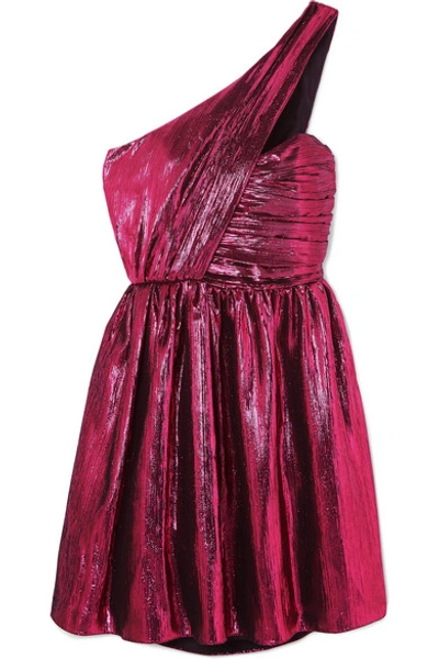 Shop Saint Laurent One-shoulder Lamé Mini Dress In Pink