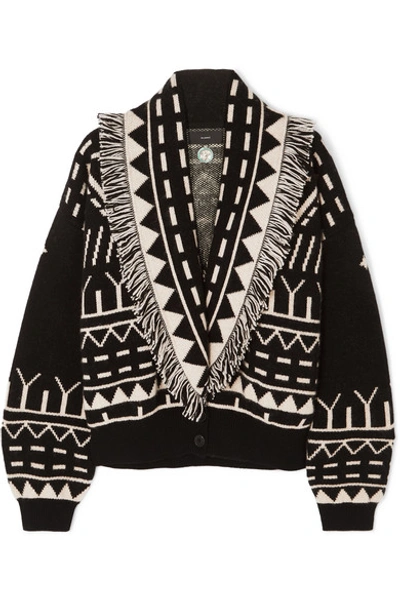 Shop Alanui Fringed Cashmere And Wool-blend Jacquard Cardigan In Black