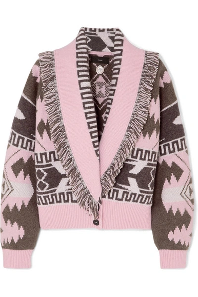 Shop Alanui Icon Fringed Cashmere And Wool-blend Jacquard Cardigan In Pink