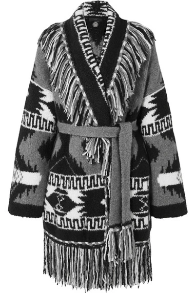 Shop Alanui Fringed Cashmere And Silk-blend Jacquard Cardigan In Black