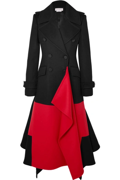 Shop Alexander Mcqueen Asymmetric Double-breasted Two-tone Wool And Cashmere-blend Coat In Black