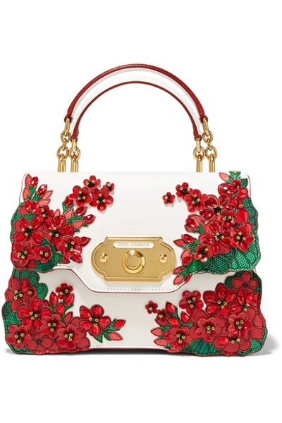 Shop Dolce & Gabbana Portofino Welcome Embellished Smooth And Lizard-effect Leather Tote In Red