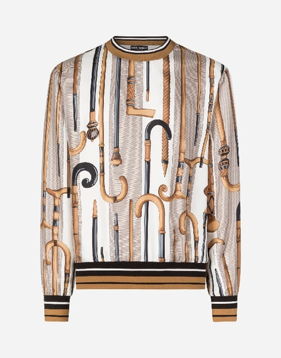 Shop Dolce & Gabbana Silk Sweatshirt With Walking-stick Print In Multicolor